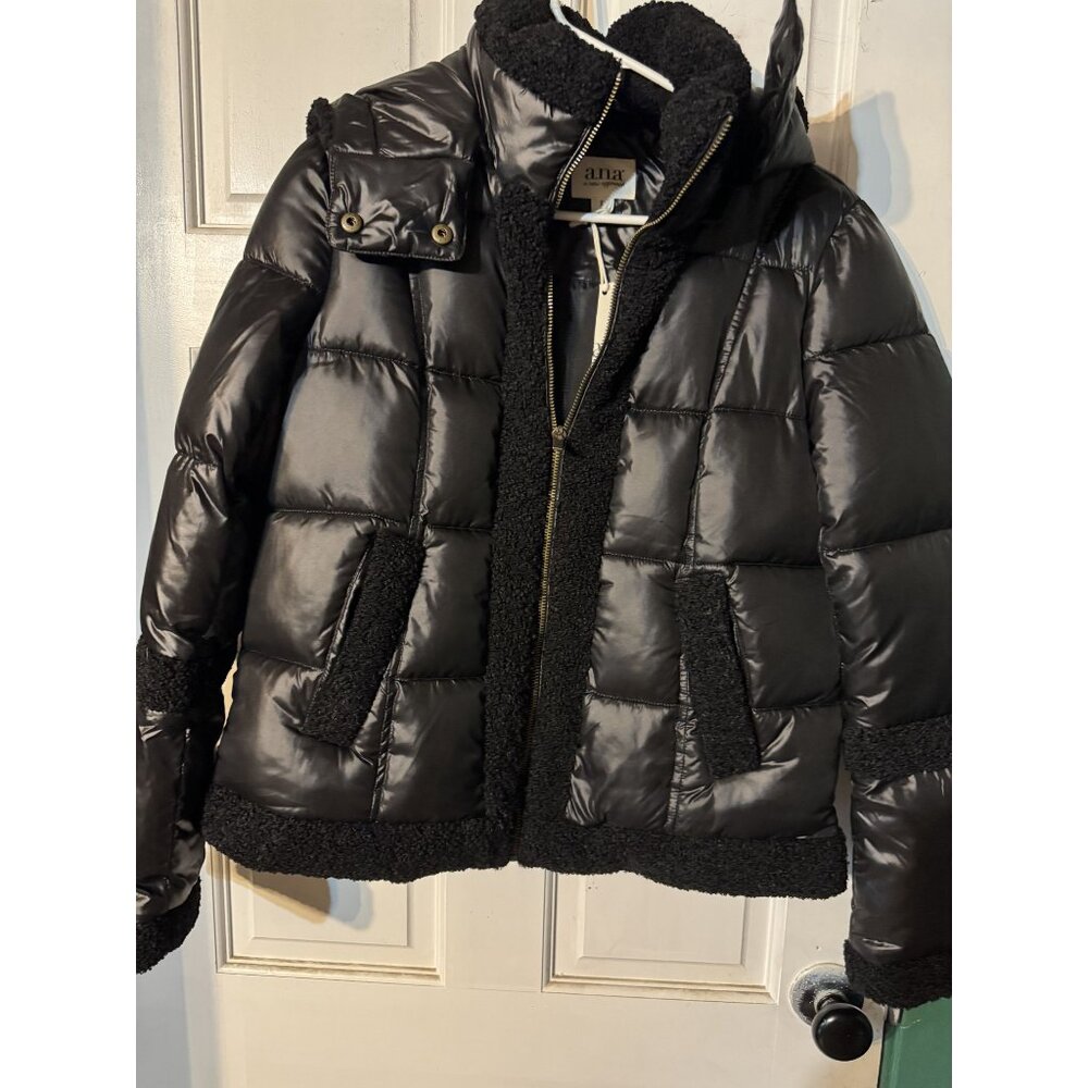 Ana Puffer Jacket With Sherpa Trim Small Black Hooded Zip Closure JC Penney